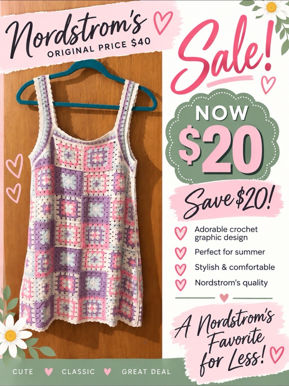 NWT Nordstrom Ladies Crochet Square-Dress — Pink & Lavender